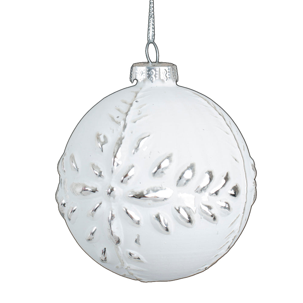 Matte White with Silver Embossed Pattern Glass Ball Ornament | Putti Christmas 