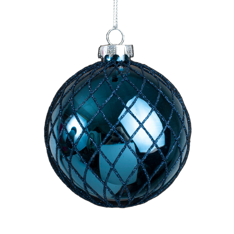 Shiny Navy with Blue Glitter Diamond Grid Glass Ball Ornament | Putti Christmas Canada