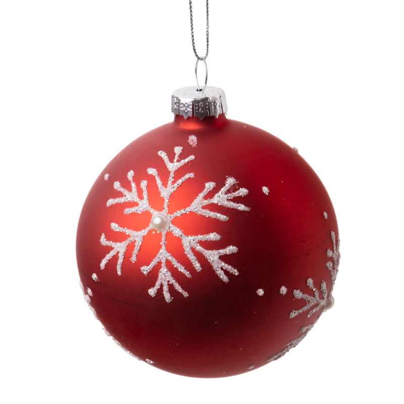 Matte Red with Snowflake Glass Ball Ornament | Putti Christmas Decorations