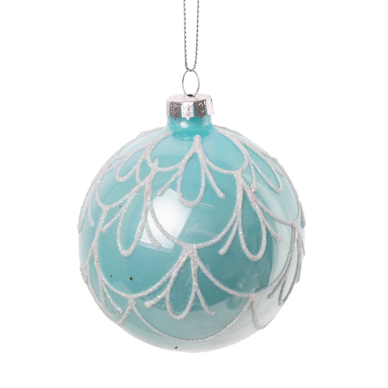 Glossy Aqua with Leaf Swags Glass Ball Ornament