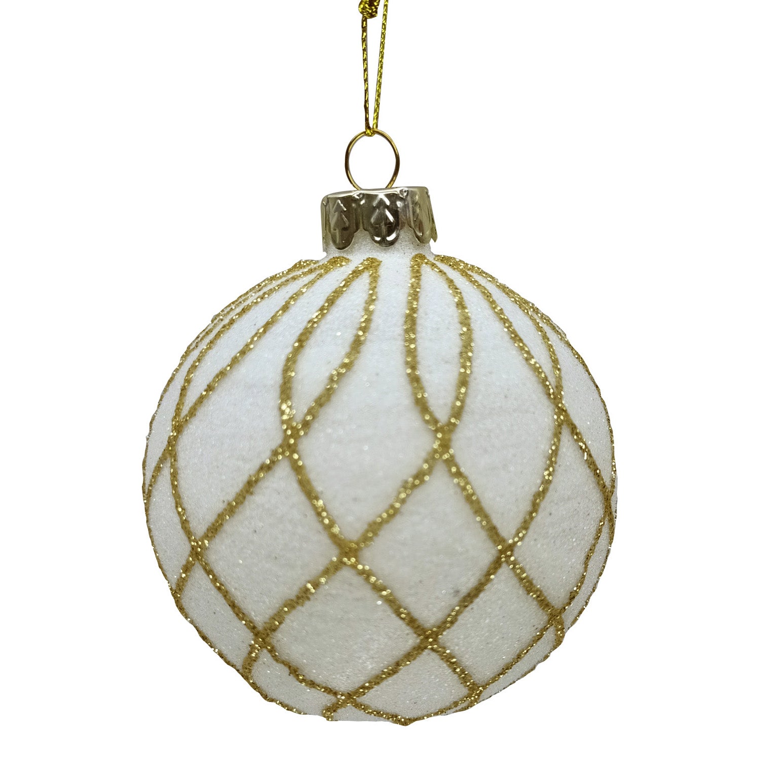 White with Gold Glitter Trellis Glass Ball Ornament
