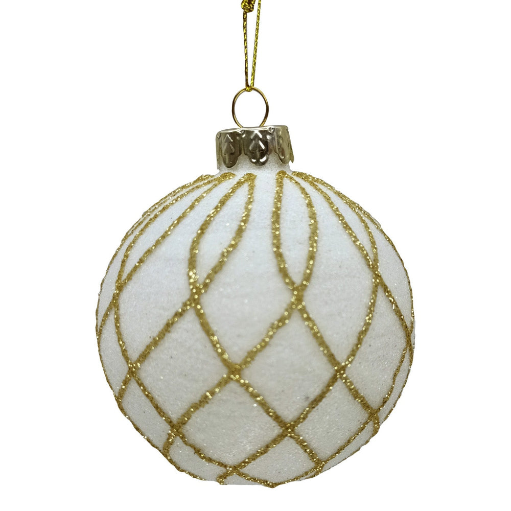 White with Gold Glitter Trellis Glass Ball Ornament | Putti Christmas Decorations