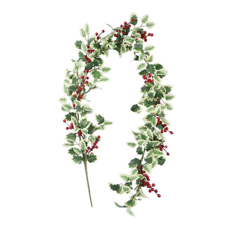 Varrigated Holly Leaf Garland with Red Berries