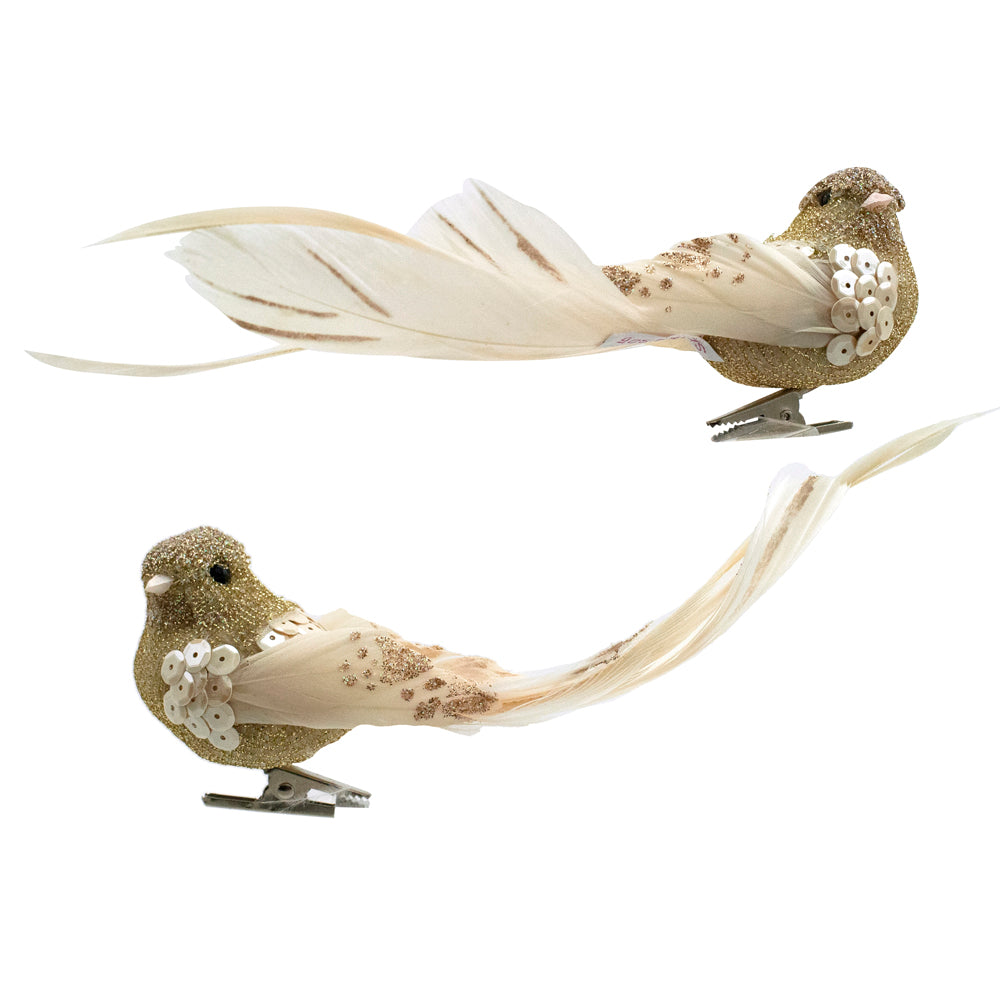 White and Champagne Feather Bird with Clip