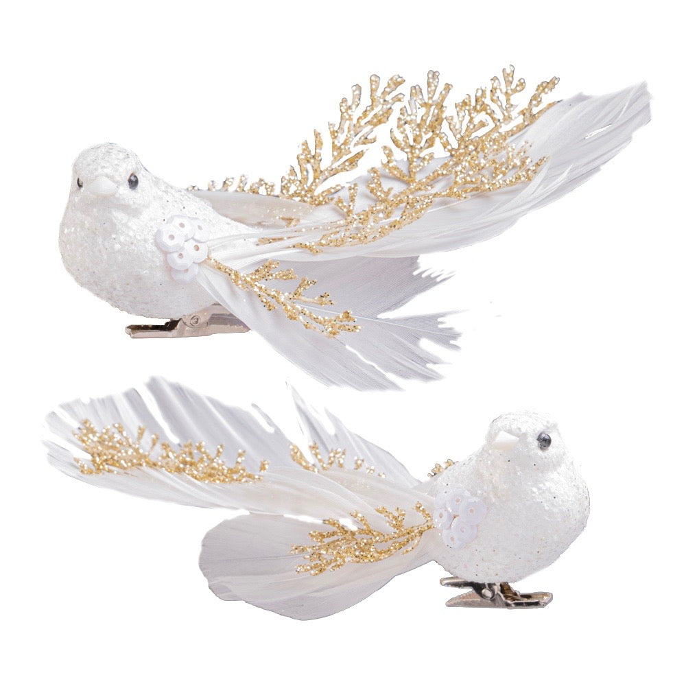 White Feather Clip Bird with Gold Branch Tail | Putti Christmas Canada 