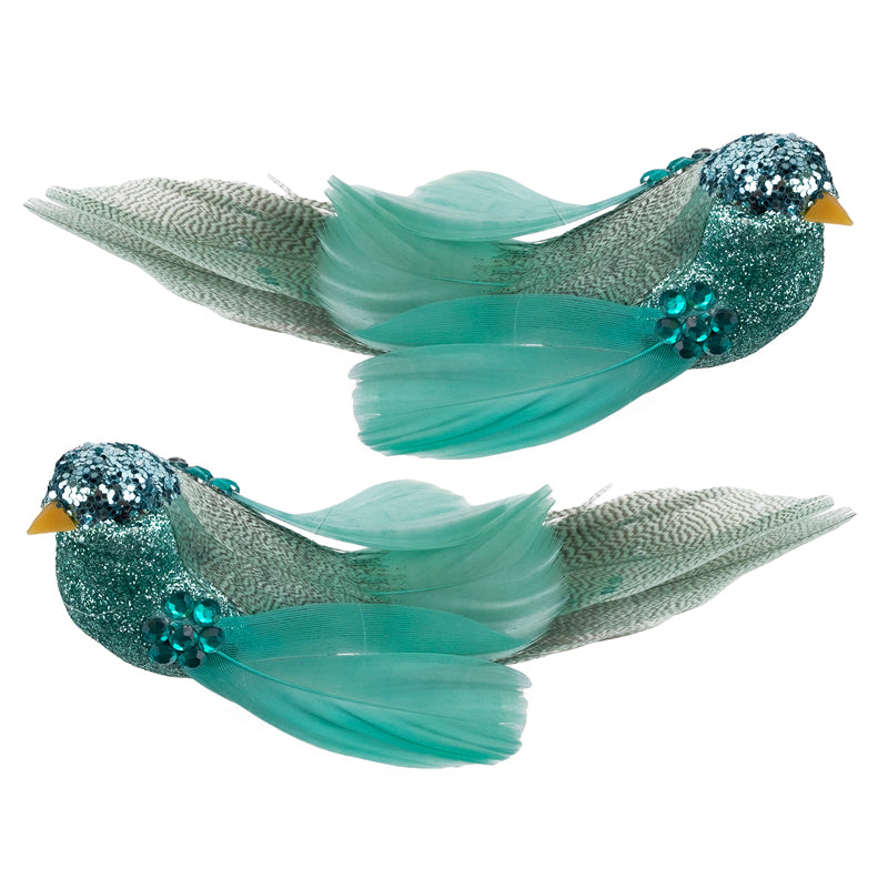 Aqua Feather Bird with Clip