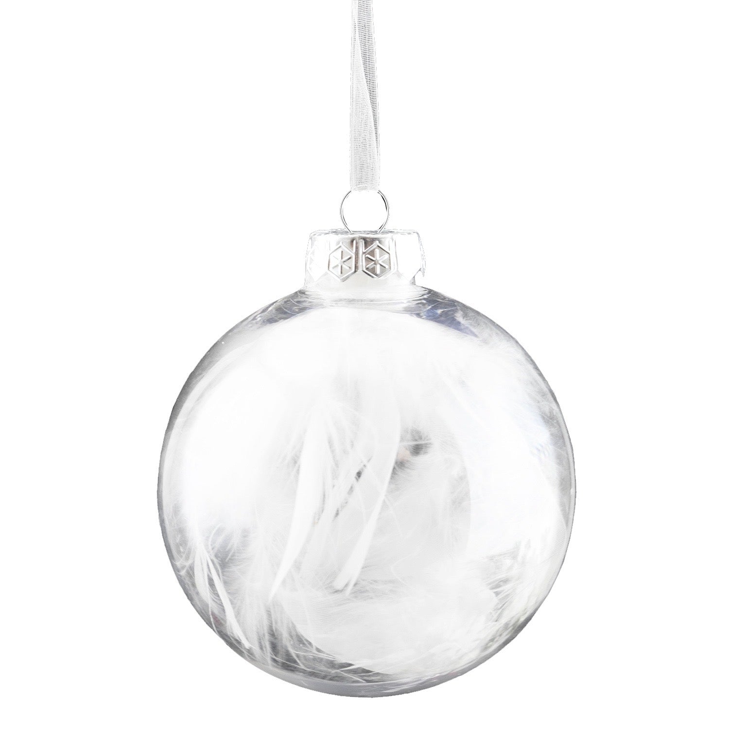 Clear with White Feathers Glass Ball Ornament | Putti Christmas Decorations 