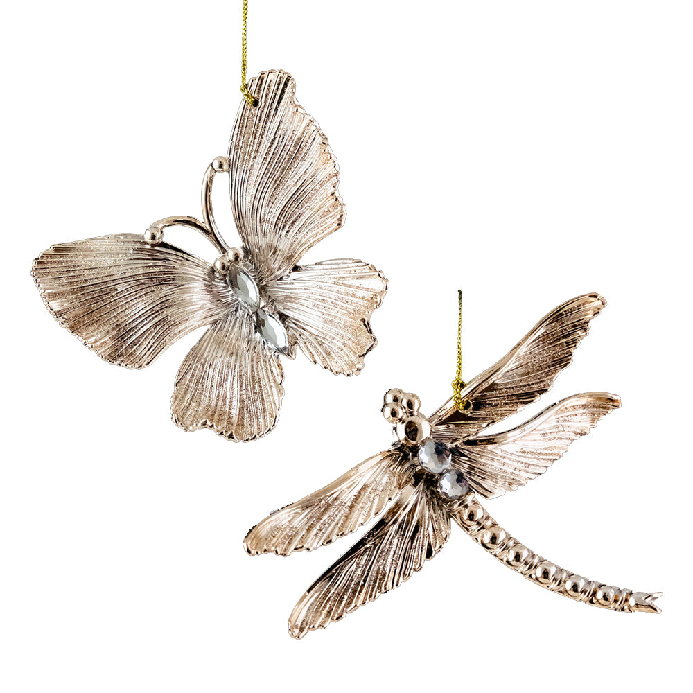 Shiny Rose Gold Dragonfly and Butterfly Ornament