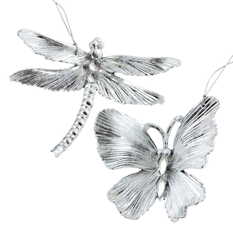 Shiny Silver Dragonfly and Butterfly Ornament