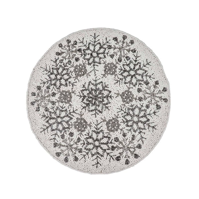 Cream and Silver Snowflake Beaded and Embroidered Placemat