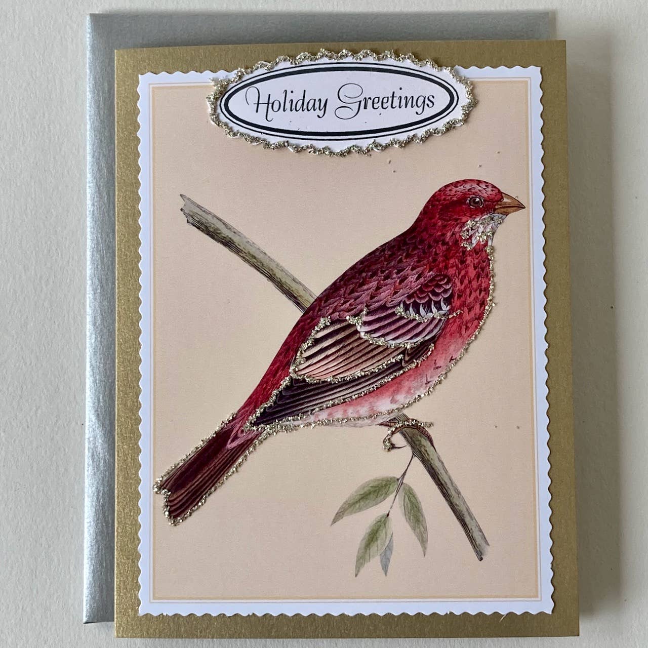Red Bird " Holiday Greetings" Hand Glittered Card
