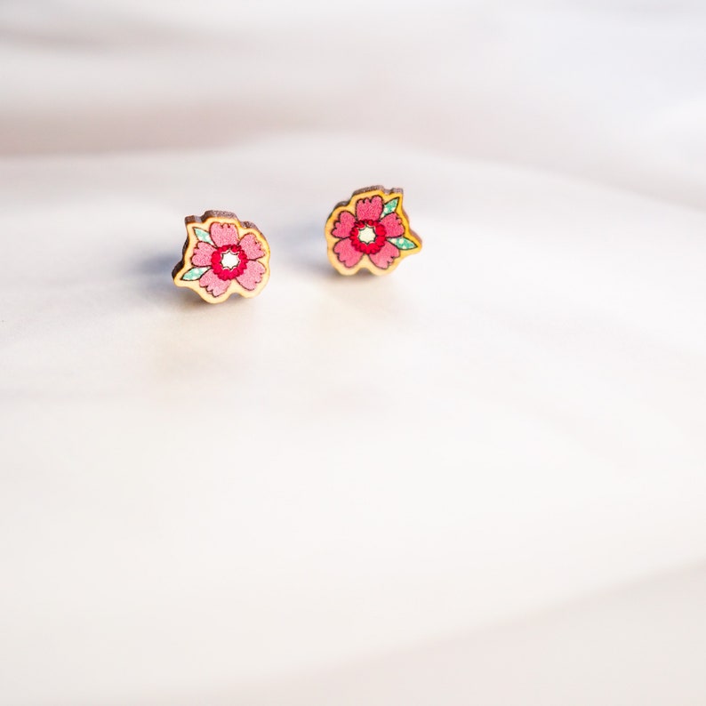 Pink Floral Wooden Earrings