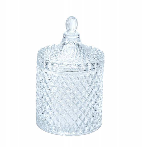 Large Geometric Cut Glass Jar with Lid  - Clear