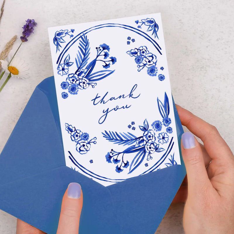 "Thank You" Blue Hand Painted Flowers Greeting Card