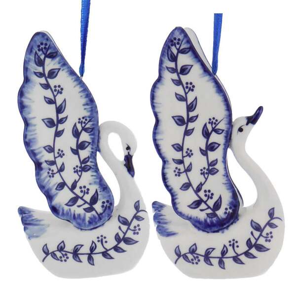 Kurt Adler Delft Blue Swan Porcelain Ornament | Putti Christmas Decorations 