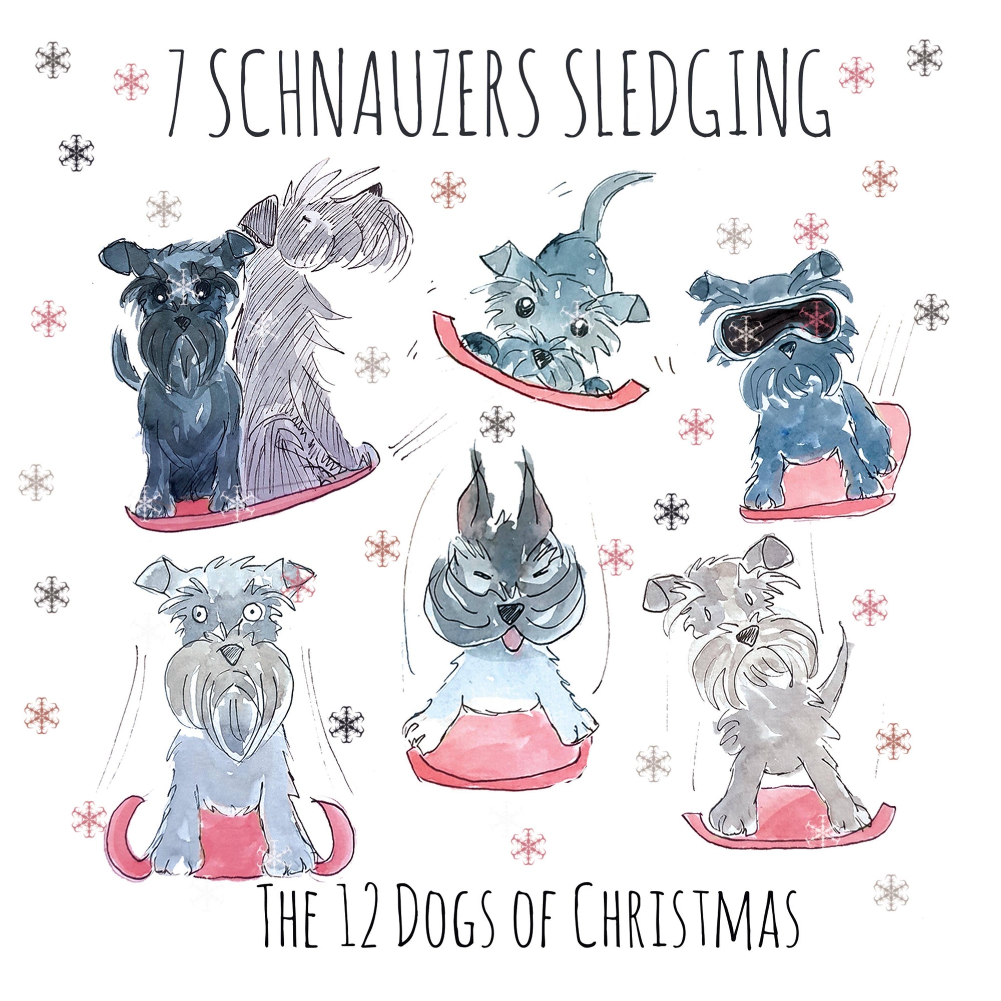 7 Schnauzers Sledging Christmas Card