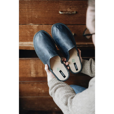 Men's Dark Blue Leather Slippers | Putti Fine Fashions Canada