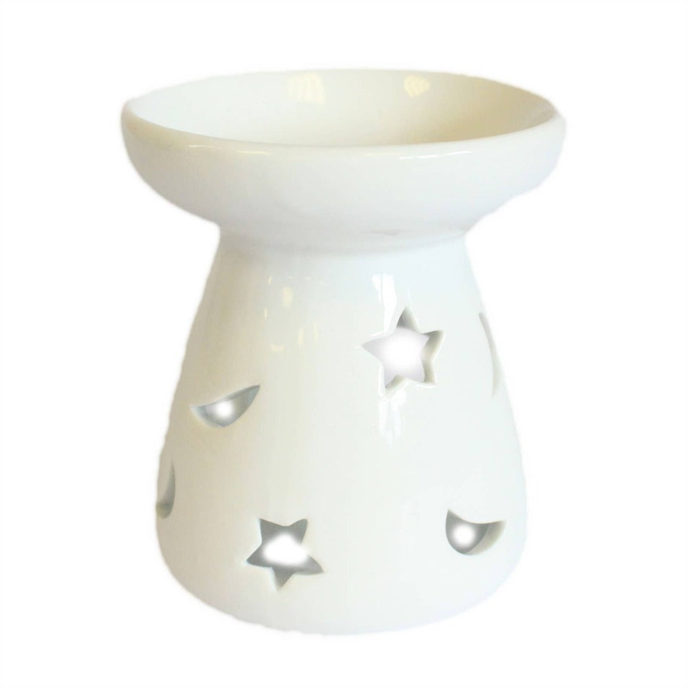 Small White Ceramic Wax Melter with Star And Moon Cut Outs
