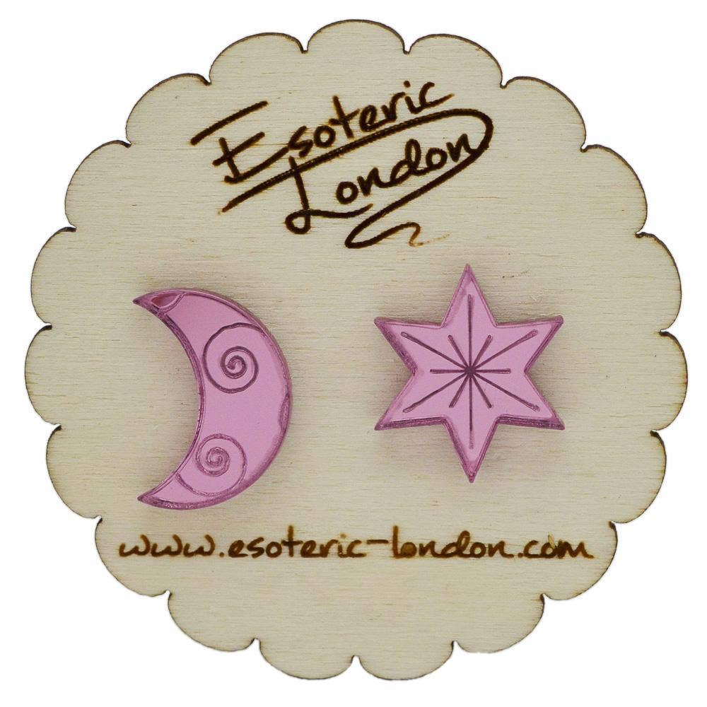 Esoteric London Jewellery - Star and Moon Mirrored Stud Earrings - Pink | Putti 