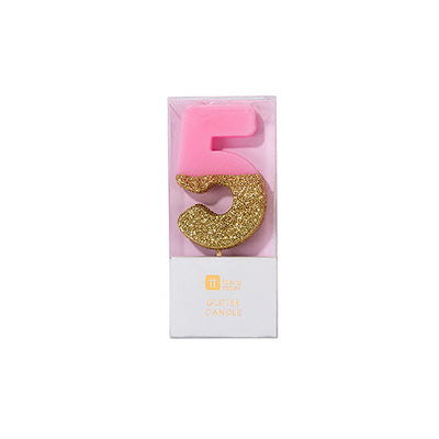 "We Heart Birthdays" Pink Glitter Number Candle - Five, TT-Talking Tables, Putti Fine Furnishings