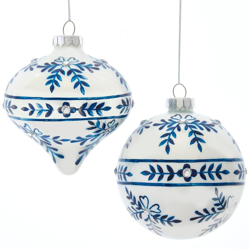 Kurt Adler Blue and Glossy White Glass Ball Ornament