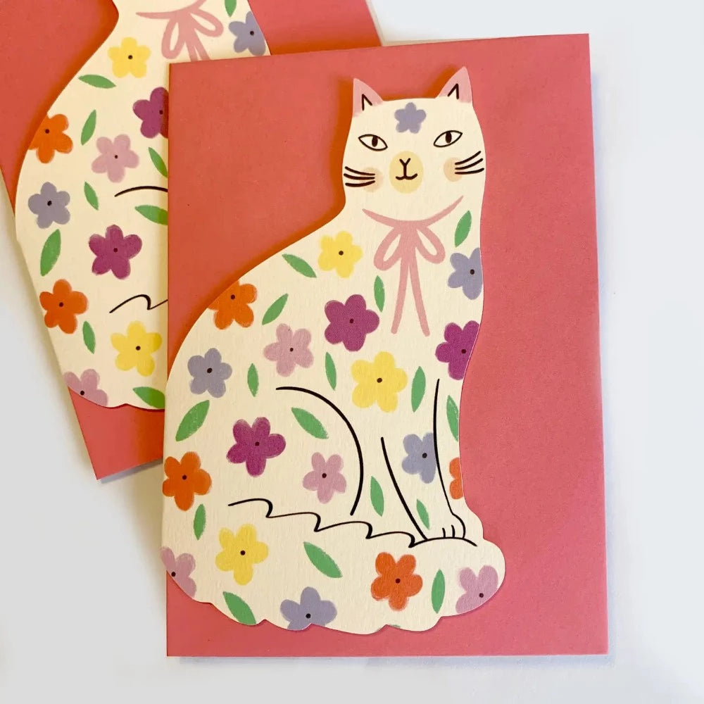 Sitting Kitty Shaped Card - Floral | Putti Greeting Cards Canada 