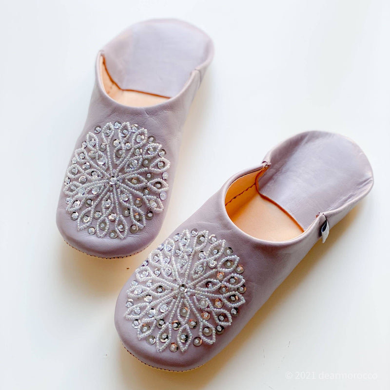 Moroccan Leather Babouche Slipper with Beads - Lavender