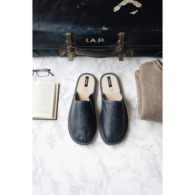 Men's Dark Blue Leather Slippers | Putti Fine Fashions Canada