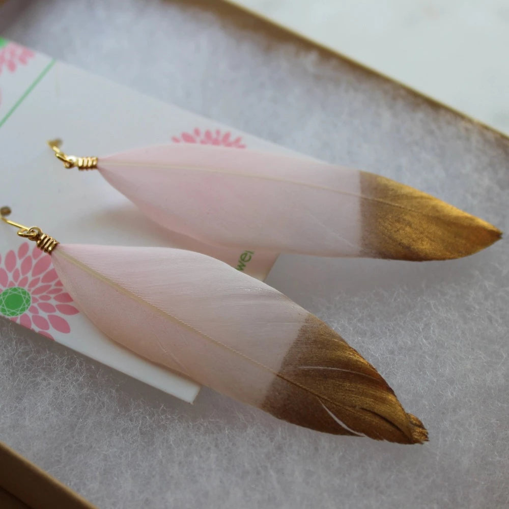 Gold Dipped Light Pink Feather Earrings | Putti Fine Furnishings Canada 
