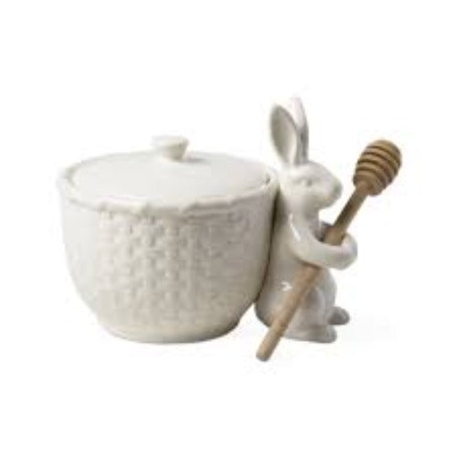Basketweave Bunny Honey Pot with Dipper