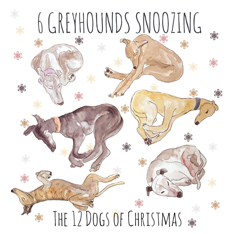 6 Greyhounds Snoozing Christmas Card
