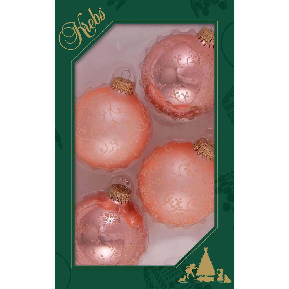 Coral with Coral Lace Glass Ball Ornaments - Set of 4 | Putti Christmas 