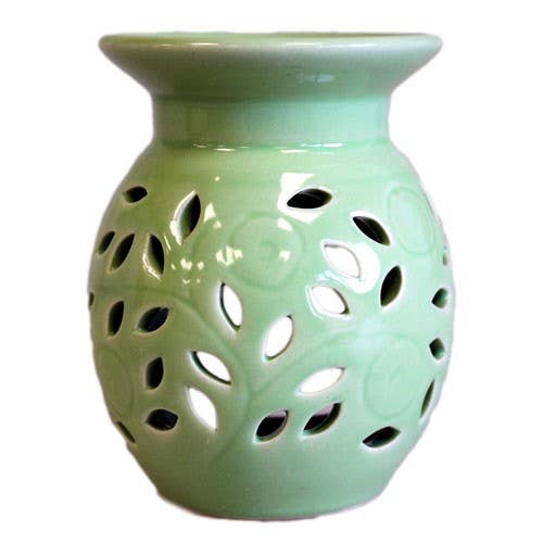 Ceramic Wax Burner with Leaf Cut Outs - Green