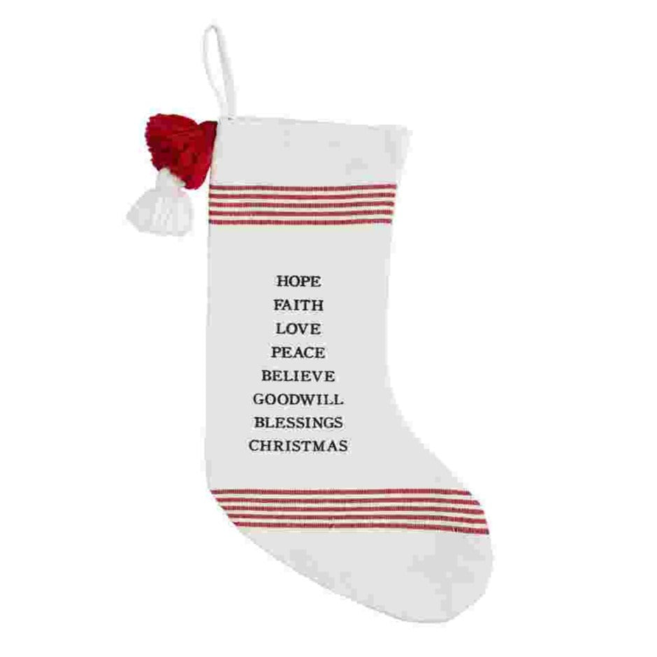 Mud Pie "Hope Faith Love" Red and White Cotton Stocking | Putti Christmas 