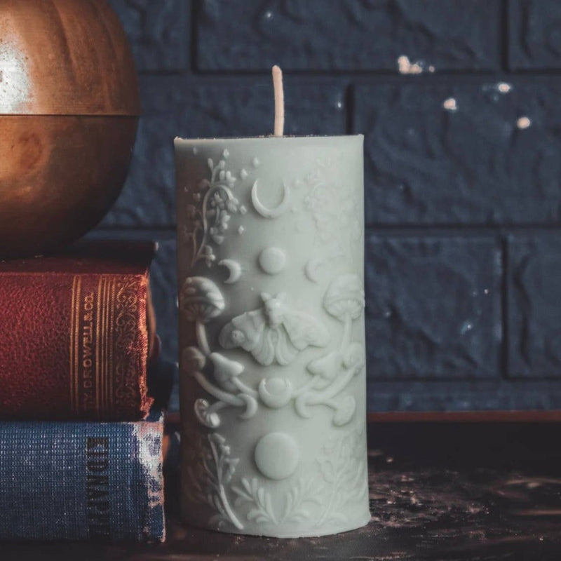 Moth and Mushroom Pillar Candle