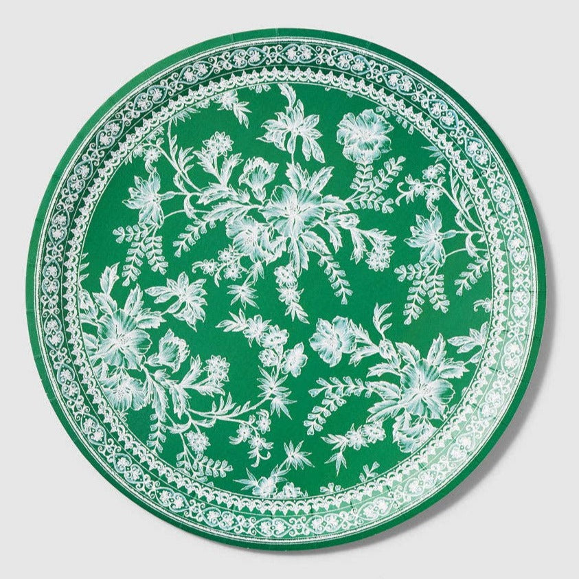 Emerald Green and White French Toile Large Paper Plates