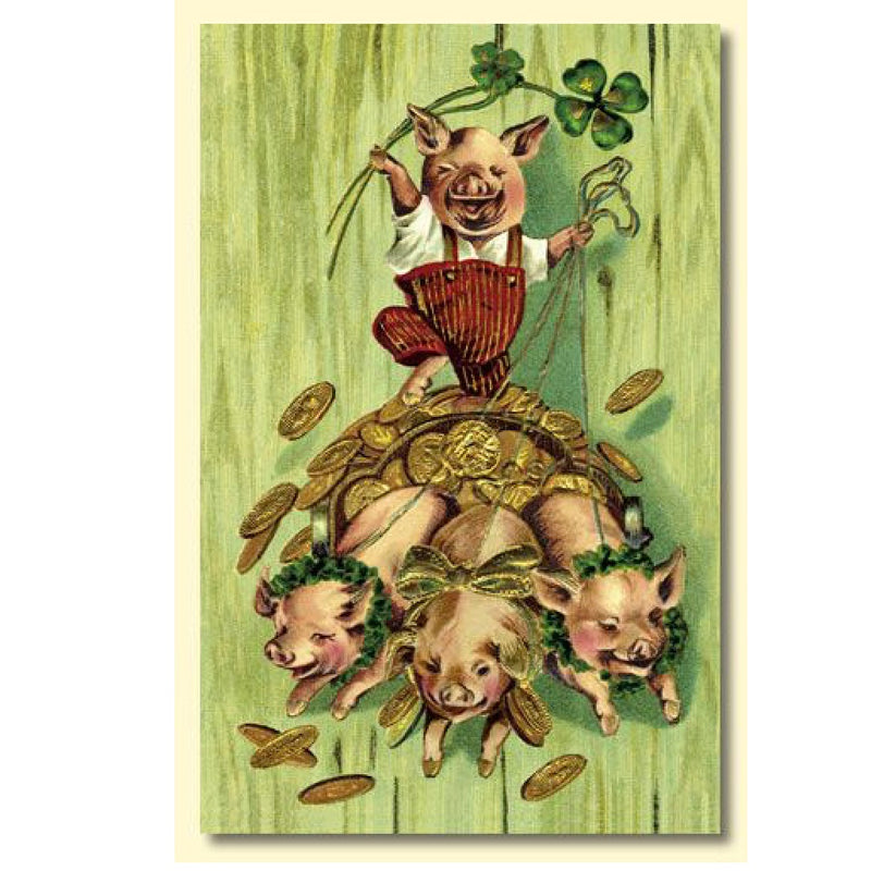  St Patrick's Day Lucky Pigs Greeting Card, OWC-Old World Christmas, Putti Fine Furnishings