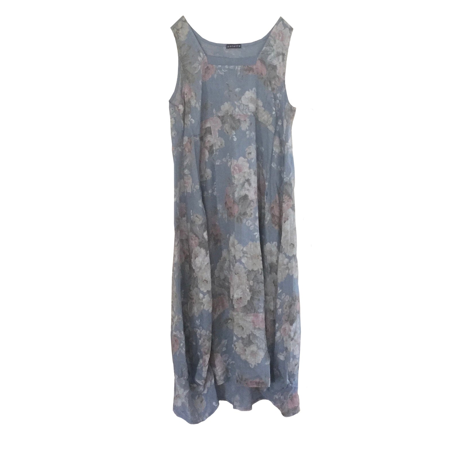 Floral Sleeveless Linen Dress - Denim Blue