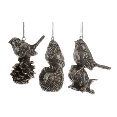 Silver Bird with Pinecone Chestnut or Flower Ornament