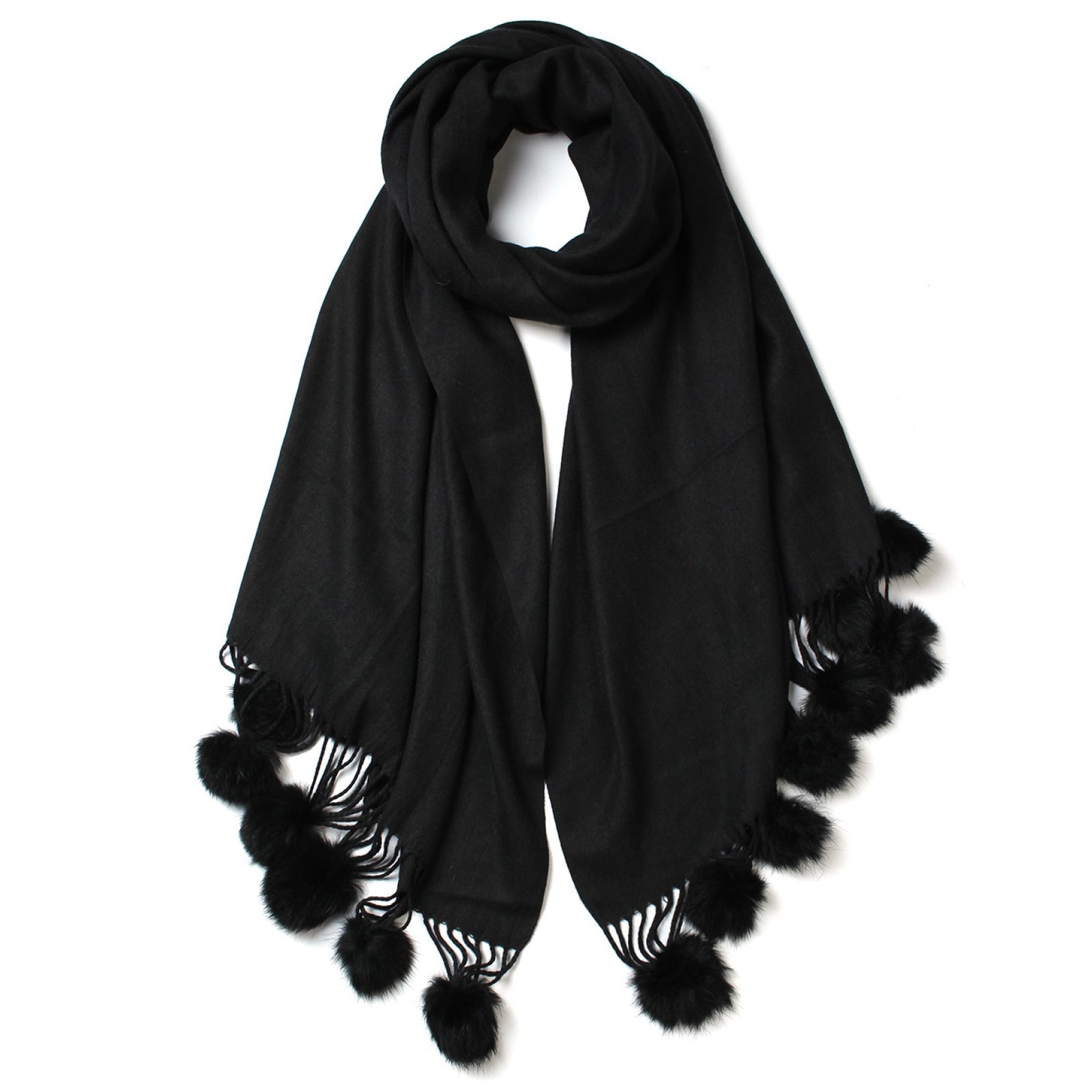 Fur Pom Pom Cashmere Scarf - Black | Putti Fine Fashions