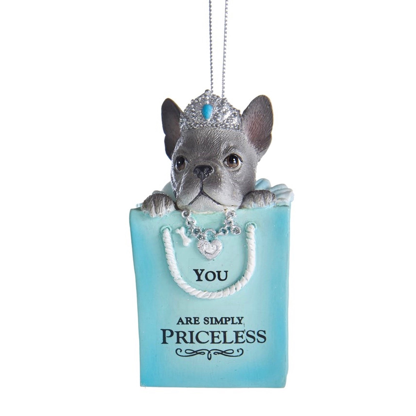 Kurt Adler Tiffany Blue "You are Simply Priceless" French Boxer Dog Ornament  | Putti Christmas 