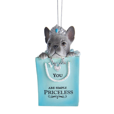 Kurt Adler Tiffany Blue "You are Simply Priceless" French Boxer Dog Ornament  | Putti Christmas