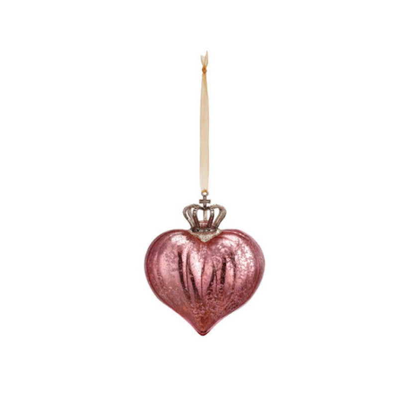 Crowned Rose Pink Glass Heart Ornament