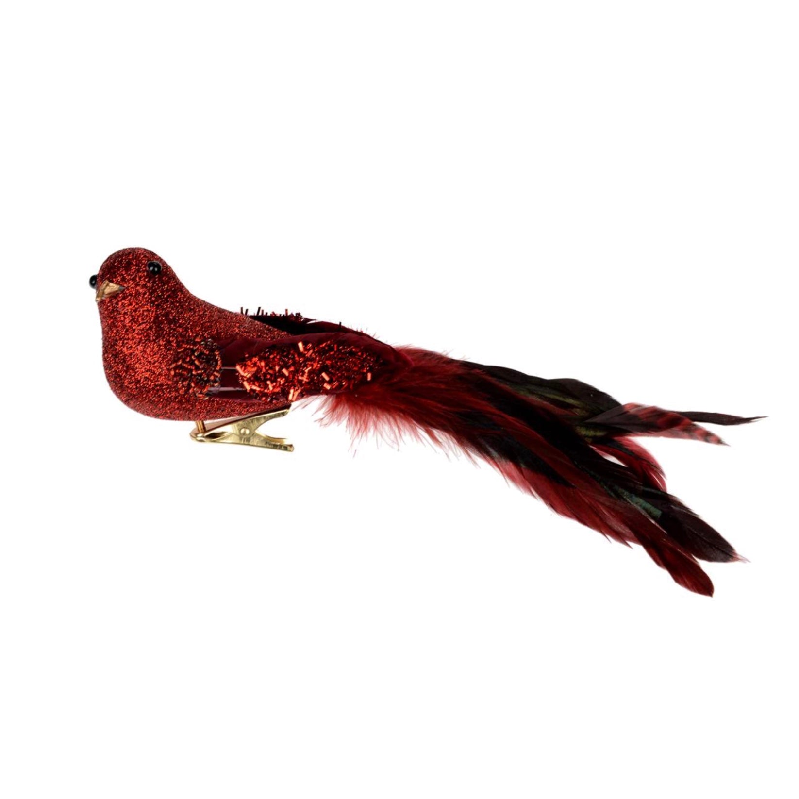 Red Glitter Bird with Long Feather Tail - Putti Christmas Canada