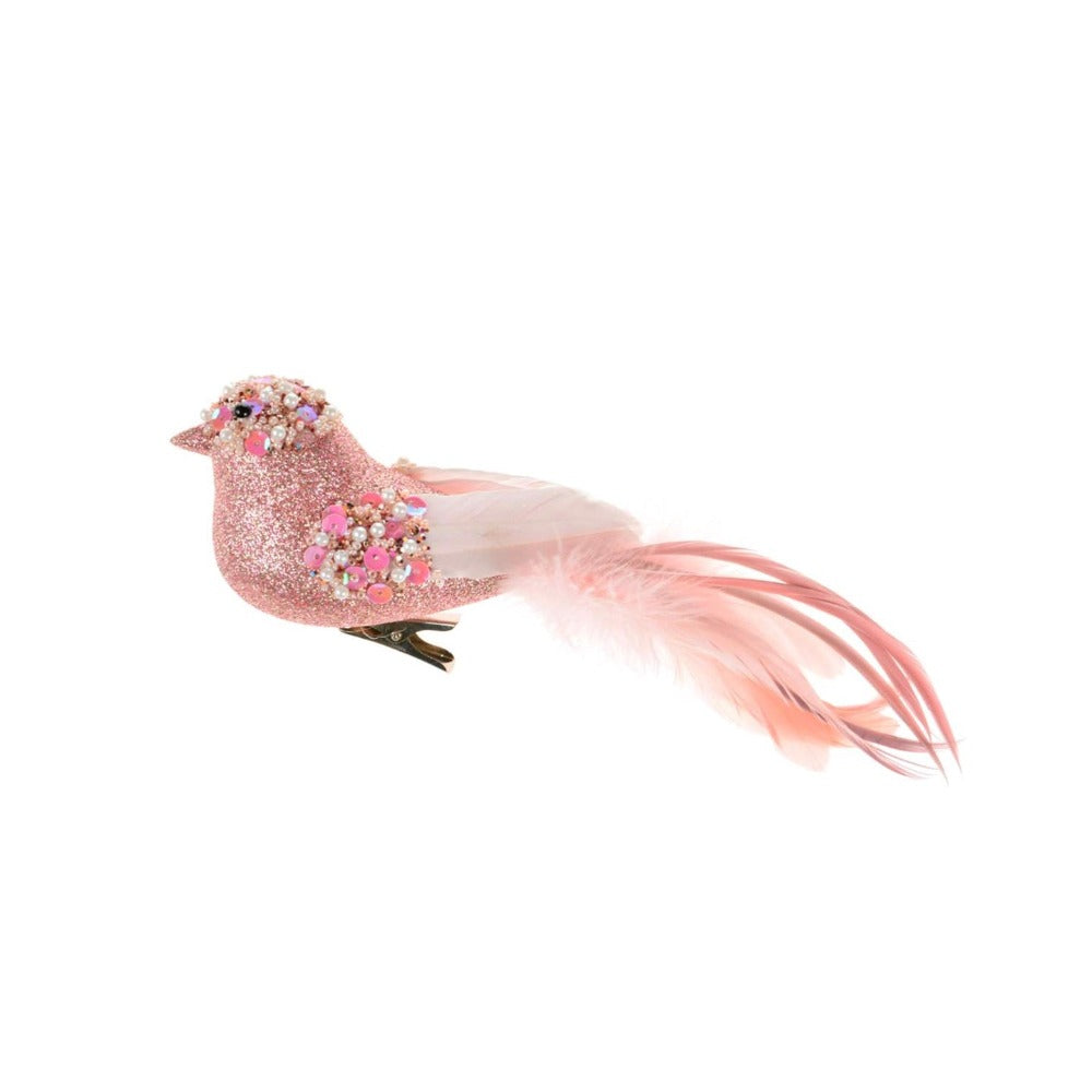 Pink Glitter bird with Beads | Putti Christmas Celebrations 