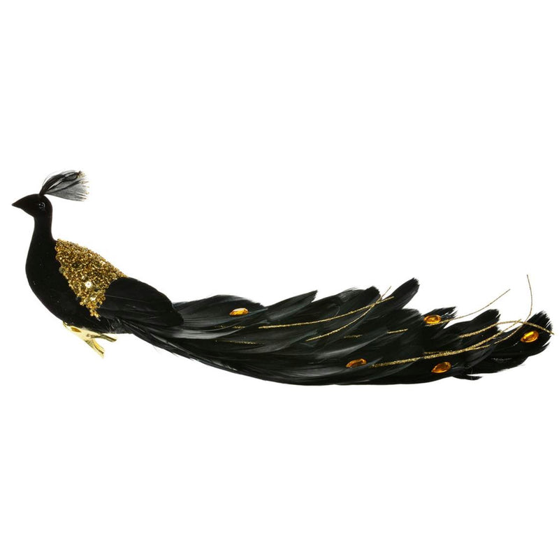 Black and Gold Feather Peacock with Clip | Putti Christmas Celebrations 