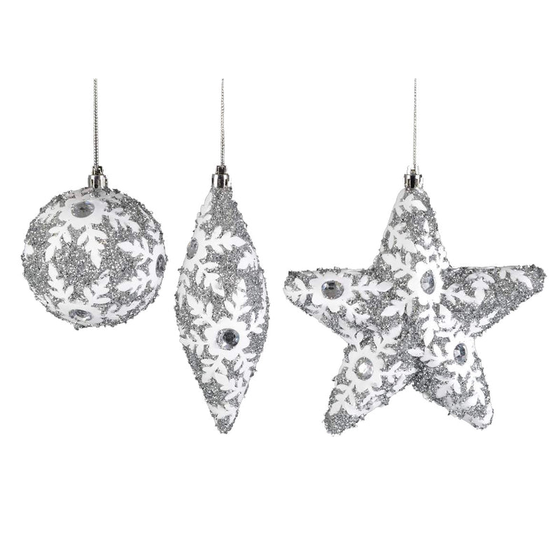 Silver Glittered Ornaments with White Snowflakes | Putti Christmas Celebrations 
