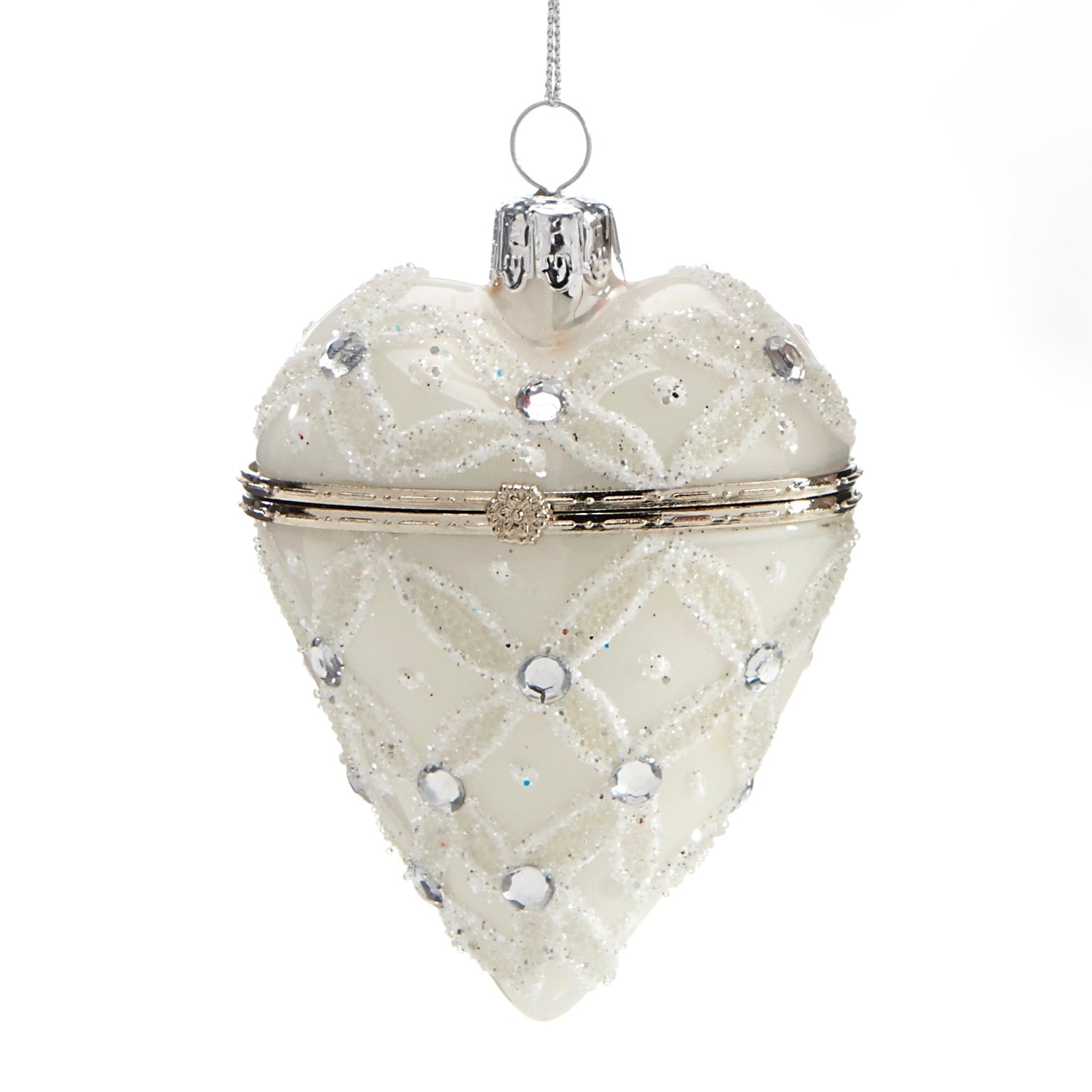 White Glass Heart Trinket Box Ornament | Putti Christmas Celebrations
