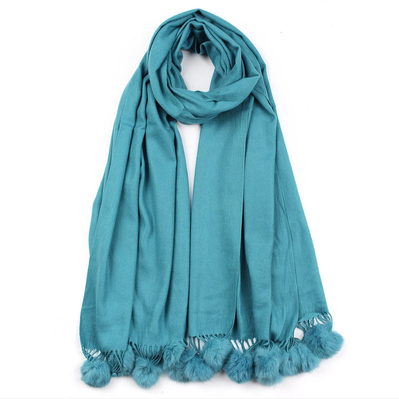 Fur Pom Pom Cashmere Scarf - Blue | Putti Fine Fashions