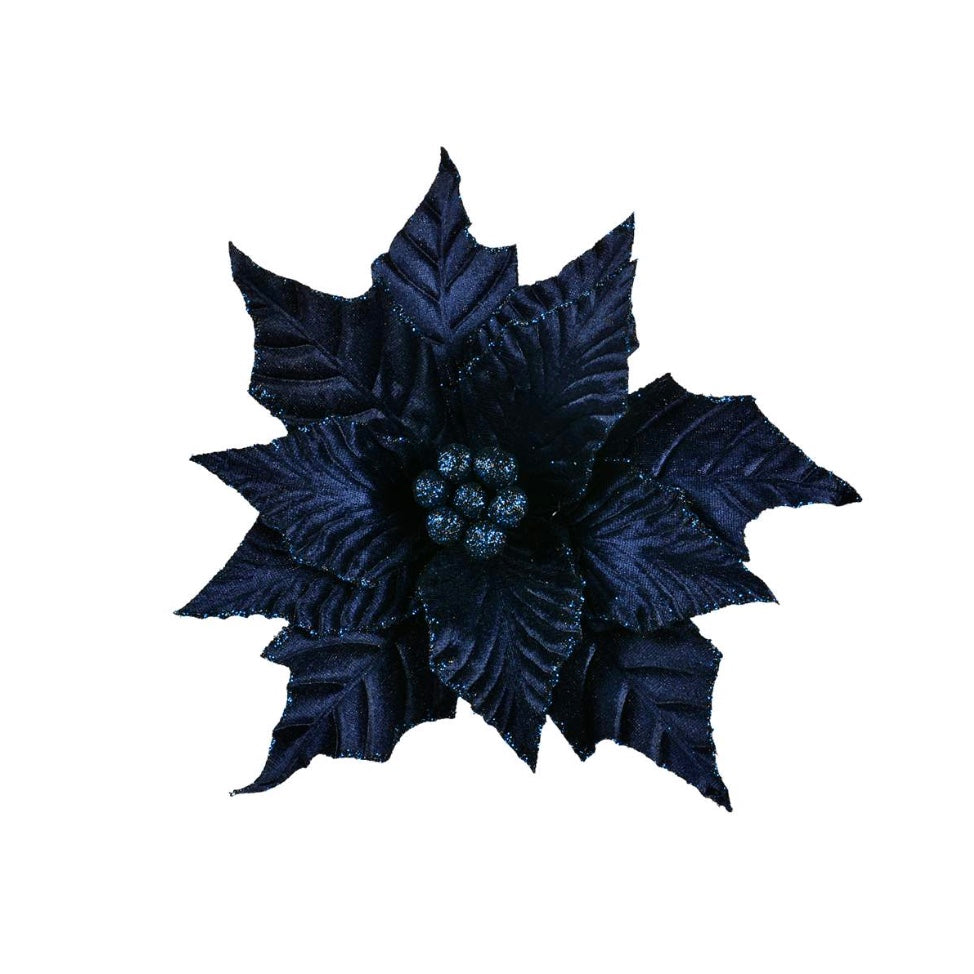 Navy Velvet Poinsettia Clip | Putti Christmas Decorations